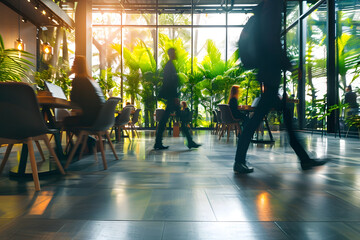 Bright workplace with people walking in motion, in a modern office space