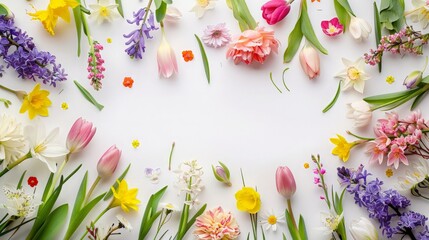 A beautiful arrangement of colorful flowers of various breeds on a white background.