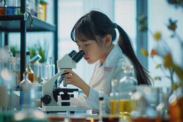 Girl scientist learning biology and chemistry, using a microscope in a classroom laboratory. - Powered by Adobe
