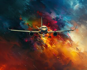 Painting of airplane flying through a colorful nebula