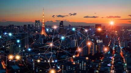 Smart city and network connection concept, all people icons with light effect on modern urban background