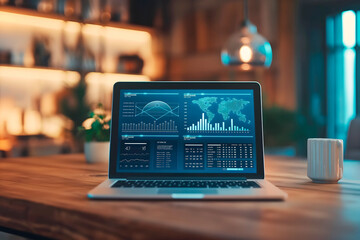 in backdrop of office environment,open laptop wooden desk presents captivating graphics,detailed analytics data,concept of business news,commercial presentations,analytical articles,marketing material
