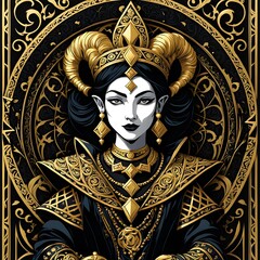 The Fool, Detailed Tribal 3D design drawn in gold ink on a black tarot card, jester, females.