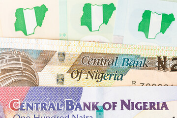 The symbol of the Nigerian money Naira. Nigerian banknotes, close up, Financial background