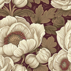 Cream Ivory and Burgundy Flowers and Leaves Vintage Graphic, Seamless Pattern