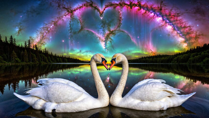 swans lover under the colorful galactic nebula. Starry night cosmos. Romantic valentine background.