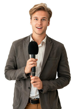 young journalist man hold microphone isolated on transparent background