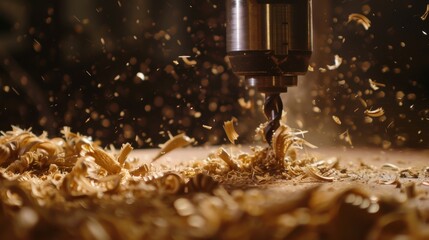 Close-up shot of machine with numerical control cuts wood.