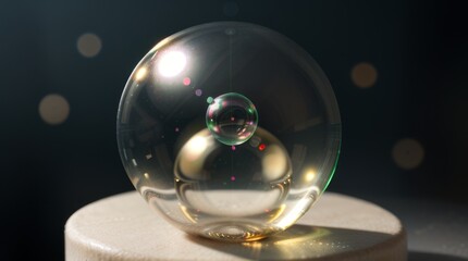 Mystical crystal ball emitting radiant light surrounded by soft bokeh orbs in the night.