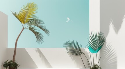 Vibrant Palm Fronds Casting Shadows on a Teal Wall, Symbolizing Tropical Serenity and Modern Aesthetics.