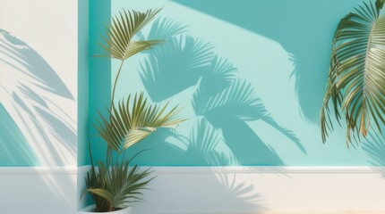 Vibrant Palm Fronds Casting Shadows on a Teal Wall, Symbolizing Tropical Serenity and Modern Aesthetics.