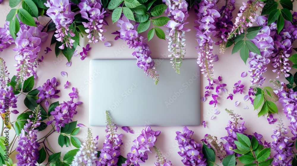 Poster an wisteria flowers overlapping the frame of a laptop, taken from above with the flowers draping ove