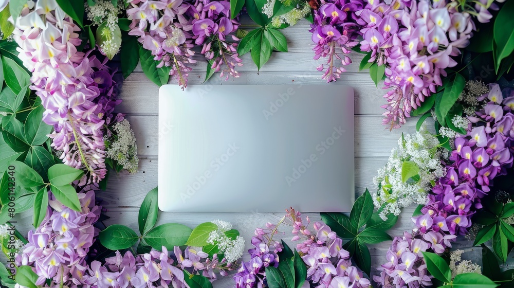 Aufkleber an wisteria flowers overlapping the frame of a laptop, taken from above with the flowers draping ove