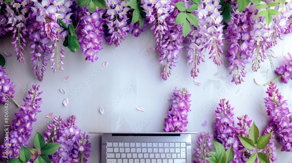 Poster an wisteria flowers overlapping the frame of a laptop, taken from above with the flowers draping ove