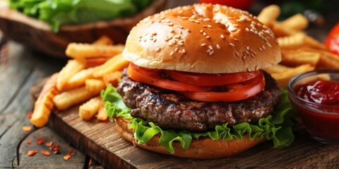 Product image of juicy hamburger sitting on wooden serving plate
