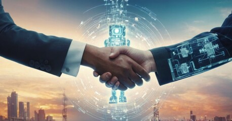 Futuristic business handshake between a human and a robot over a holographic cityscape.