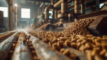 Industrial belt conveyor moving wood pellets