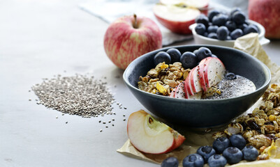 breakfast with granola and chia seeds for healthy eating