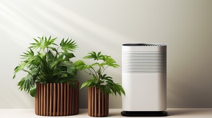 White air purifier sitting alongside two green potted plants