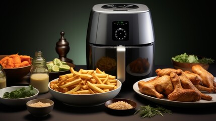 A table set with plates of food next to a modern air fryer