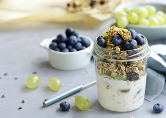 breakfast with granola and chia seeds for healthy eating