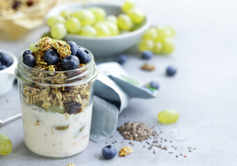 breakfast with granola and chia seeds for healthy eating