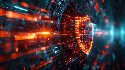 Obraz premium Immerse yourself in the world of cybersecurity with a visually compelling depiction featuring a digital shield emblem surrounded 