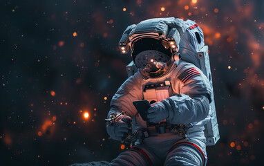 Astronaut in space suit holding cell phone. Generative AI