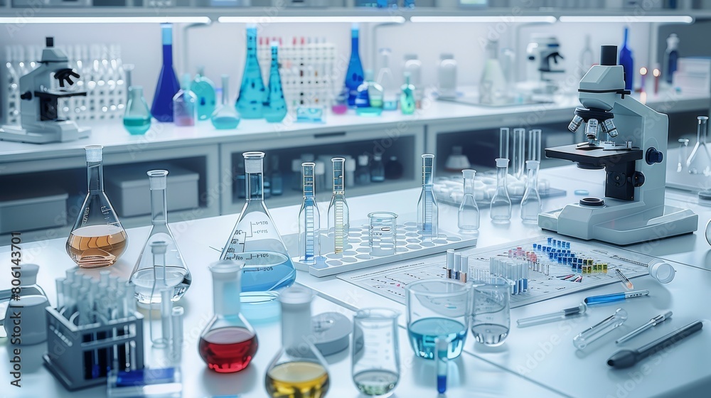 Poster a sterile laboratory environment featuring various scientific equipment such as test tube, microscop