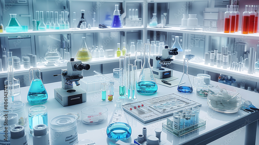 Poster a sterile laboratory environment featuring various scientific equipment such as test tube, microscop
