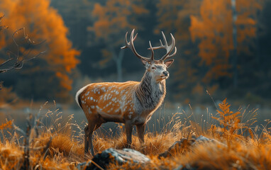 Deer standing in field with trees in background. Generative AI