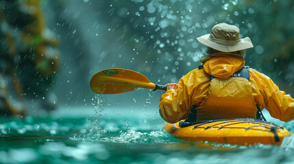 Adventurous elderly kayaker paddling yellow kayak. Generative AI