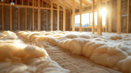 composed of mineral wool insulation in the floor, floor heating insulation , warm house, eco-friendly insulation, a builder at work