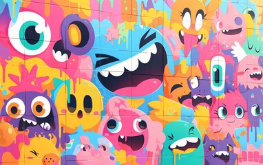 Graffiti art of cute characters with large eyes and expressive faces covered walls in vibrant colors. 
