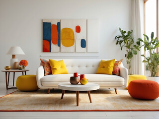 Vibrant Comfort, Mid Century Modern Living Room with Colorful Sofa