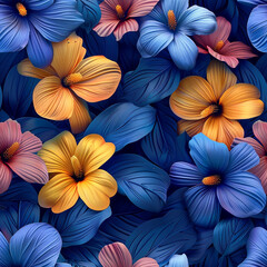 Digital Graphic Vibrant Repeating Pattern of Flowers, Seamless Pattern