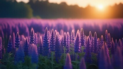 Summer sunset illuminates the blooming fields of lavender in countryside. Picturesque view of the...