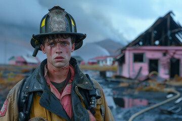 Obraz premium young fireman after putting out the house on blazing with pink paint