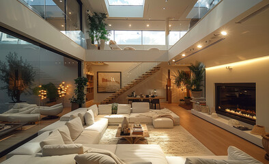The super large living room, super large skylight, stairs, sofa, fireplace, warm, and ultra high definition glass create a grand and ultra high definition feeling. Generative AI.