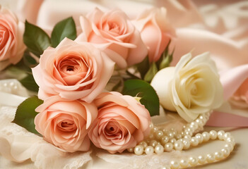 Obraz premium A beautiful arrangement of silk roses and vintage accessories on a fabric background