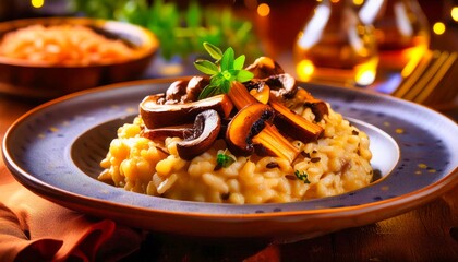 Gourmet wild mushroom risotto on a deep blue plate, highlighted by warm lighting and fresh herbs, perfect for a cozy dinner setting.