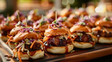 A platter of bite-sized triple-layer pork belly sliders, topped with tangy coleslaw and served as a crowd-pleasing party snack.