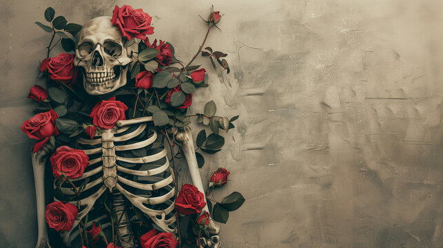 skeleton with flowers , day of dead concept, copy space for text
