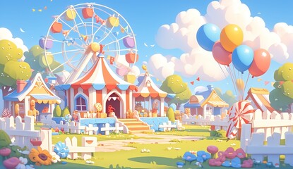Carnival background with circus tent, Ferris wheel and lollipops in the style of cartoon for children's party or advertising of carnival games or events. 