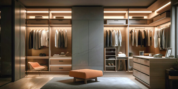 Techno style wardrobe interior in modern house.
