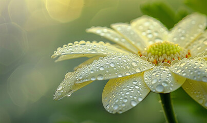 Flower petal stage, dewdrops reflect, leaves whisper softly