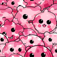 Pink Camoflage Seamless Pattern Kawaii Chibi Cartoon, Seamless Pattern