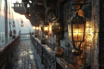 balcony with fence on  of old wooden ship boat in sea  with wall lamps 