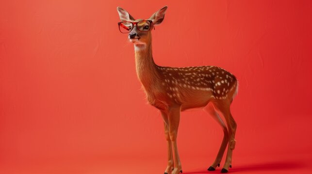 Fawn, standing on a solid red background
