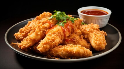 A plate of golden fried food sits next to a vibrant dipping sauce
